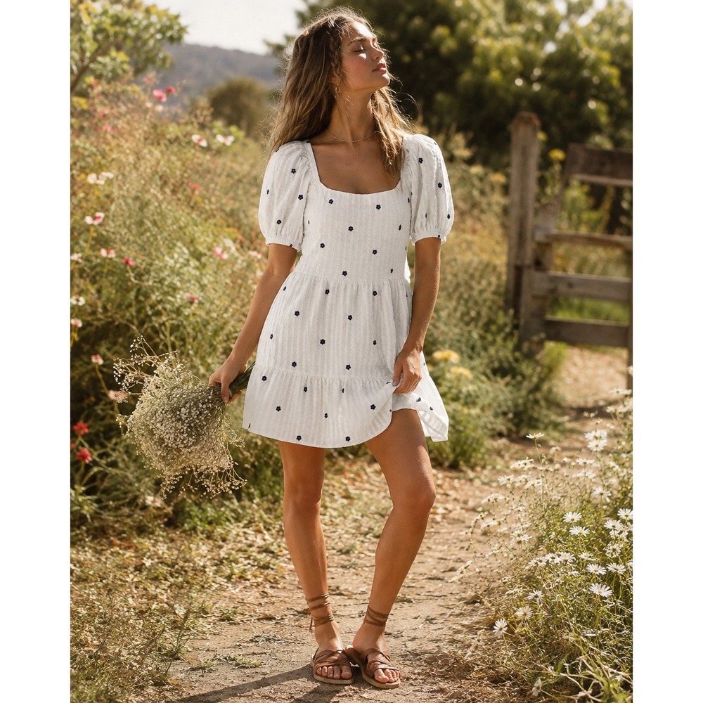 Rails Kiki Dress White Navy Embroidered Floral Puff Sleeve Open Back Cotton M